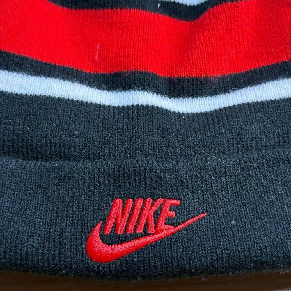 Nike Boys Youth Winter Hat Beanie Black Red White Stripe Hat